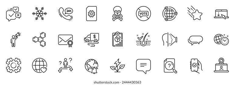 Los íconos se empaquetan como correo verificado, dejar de votar y los íconos de la línea del embajador de la marca para el App incluyen peligro químico, fórmula química, esquema de la elección del negocio, conjunto de Web delgado del ícono. Vector