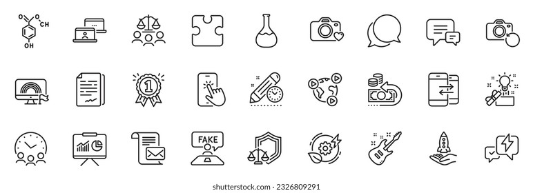 Icons pack as Video conference, Creative idea and Presentation line icons for app include Justice scales, Lightning bolt, Recovery photo outline thin icon web set. Project deadline. Vector
