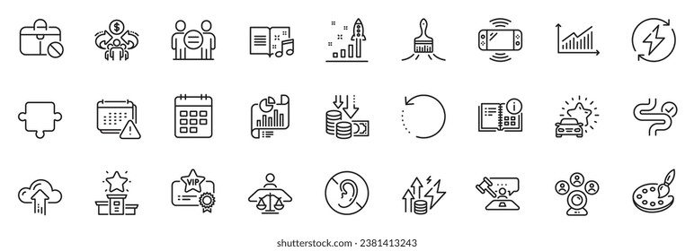 Icons pack as Vip certificate, Court judge and Calendar line icons for app include Brush, Graph, Palette outline thin icon web set. Report document, Puzzle, No hearing pictogram. Vector