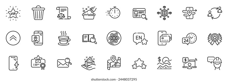 Icons pack as Vip certificate, Legal documents and Logistics network line icons for app include Swipe up, Winner ribbon, Coffee cup outline thin icon web set. Online shopping. Vector