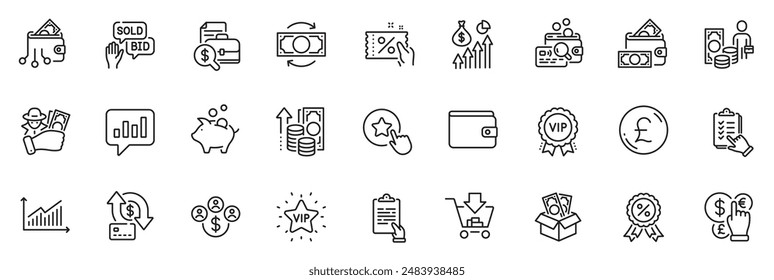 Icons pack as Vip star, Clipboard and Bid offer line icons for app include Inspect, Change money, Buying currency outline thin icon web set. Fraud, Money profit, Vip award pictogram. Vector