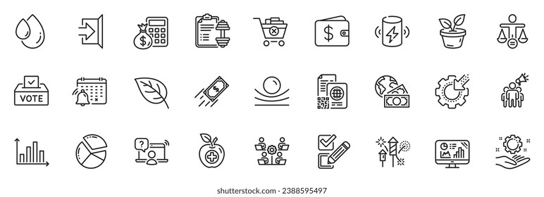 Icons pack as Vote box, Pie chart and Elastic material line icons for app include Exit, Oil drop, Fast payment outline thin icon web set. Global business, Charge battery, Ethics pictogram. Vector