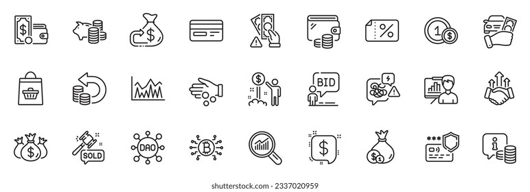 Icons pack as Wallet money, Wallet and Income money line icons for app include Stress, Usd coins, Presentation board outline thin icon web set. Cash back, Auction, Auction hammer pictogram. Vector