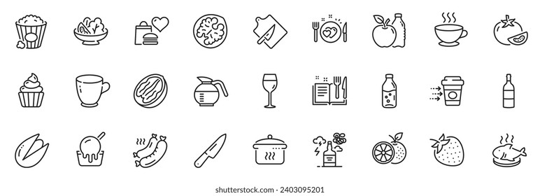 Icons pack as Water bottle, Cupcake and Romantic dinner line icons for app include Coffee delivery, Coffee cup, Ice cream outline thin icon web set. Knife, Grilled sausage, Popcorn pictogram. Vector
