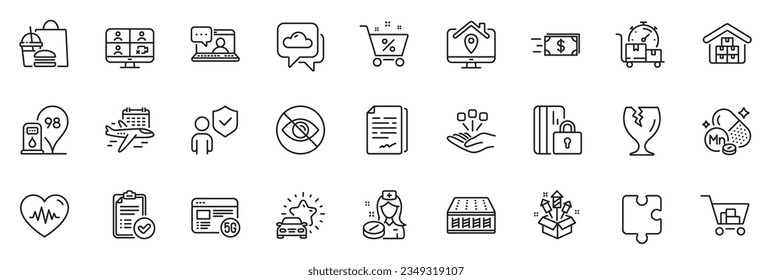 Icons pack as Weather forecast, Money transfer and Consolidation line icons for app include Fragile package, Fast food, Nurse outline thin icon web set. Security, Manganese mineral. Vector