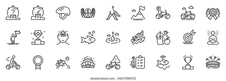 Icons pack as Winner ribbon, Arena stadium and Maggots line icons for app include Laureate award, Diet menu, Yoga outline thin icon web set. Yoga mind, Target goal, Quiz pictogram. Vector