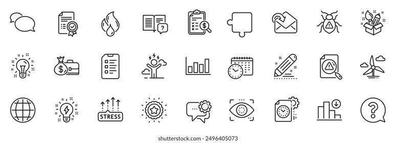 Icons pack as Winner star, Inspiration and Idea line icons for app include Checklist, Flammable fuel, Globe outline thin icon web set. Decreasing graph, Software bug, Brand contract pictogram. Vector