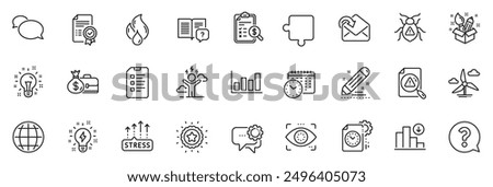 Icons pack as Winner star, Inspiration and Idea line icons for app include Checklist, Flammable fuel, Globe outline thin icon web set. Decreasing graph, Software bug, Brand contract pictogram. Vector