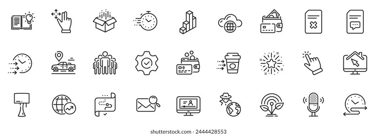 Icons pack as Work home, Timer and Microphone line icons for app include Time schedule, Delete file, Open box outline thin icon web set. Move gesture, Execute, Target path pictogram. Vector