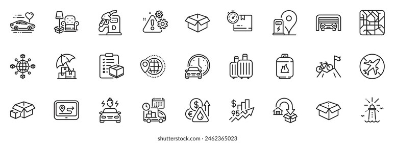 Icons pack as World travel, Fuel price and Mountain bike line icons for app include Open box, Charging station, Opened box outline thin icon web set. Metro map, Gas cylinder. Vector