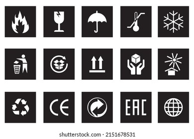 Icons for packaging set. Symbols for product packaging. Information icons for packaging. Vector illustration. stock image.