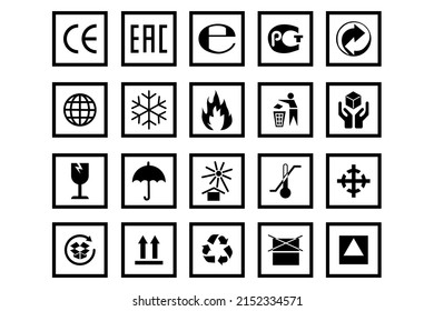 Icons for packaging set. Symbols for product packaging. Information icons for packaging. Vector illustration. stock image.