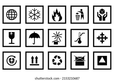 Iconos para el conjunto de envases. Símbolos para el embalaje de productos. Iconos de información para el empaquetado. Ilustración vectorial. imagen de stock. EPS 10.