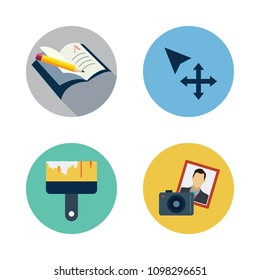 Icons Paint Accessory with paint brush, open book, photo camera and move