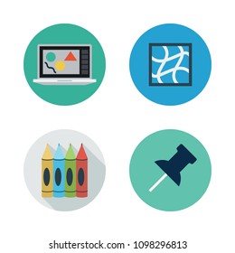 Icons Paint Accessory with crayons, graphic design , push pin  and laptop