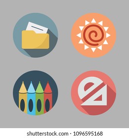 Icons Paint Accessory with crayons, protractor, sun and folder