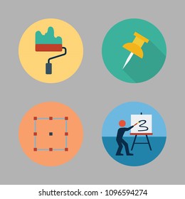 Icons Paint Accessory with push pin , canvas, paint roller and select 
