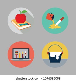 Icons Paint Accessory with school material, paint bucket and laptop