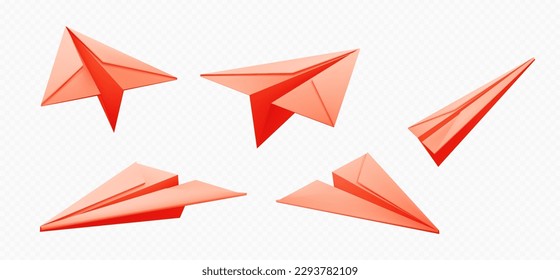 Icons of paper plane flying in air. 3d origami, model of airplane from red folded paper sheet isolated on transparent background, vector realistic illustration