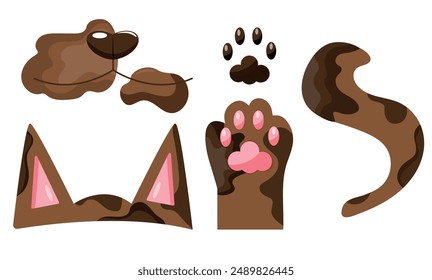 icons with parts of a brown cat, namely ears, tail, paws and face, cats day icons, for various designs, patterns or packaging