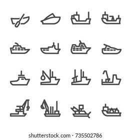 Icons of passenger and industrial ships in line style / There are ships like boat, powerboat, dry-cargo ship, tanker, pleasure boat, passenger, cruise, speedboat, transport tow and gas carrier ship
