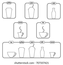 icons in the path-style drinks-coffee, tea, milk, juice, cocoa for labels, tags, packaging