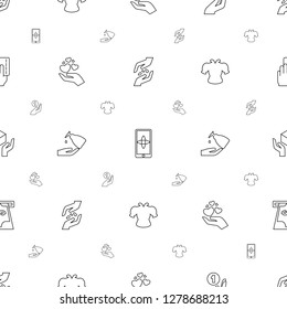 icons pattern seamless white background. Included editable line with seeds, hand on smartphone, coin on hand, hand holding heart icons. hand icons for web and mobile.