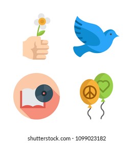Icons Peace with ballons, pigeon, flower and open book