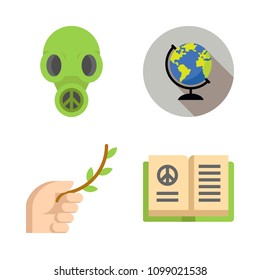 Icons Peace with branch, open book, earth globe and gas mask