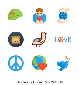 Icons Peace with calendar, hugh, planet earth and bird