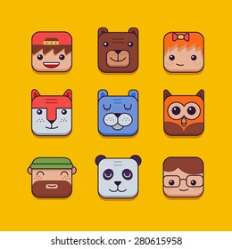 Icons of people and animals. icons in the form of rounded square. 