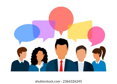 Icons of people with colorful speech bubbles. Business people group chat, business communication concept. Group of people talking with speech bubbles. Businessmen discuss social network, news