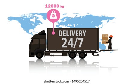 Icons of people. Delivery man loading parcels in a big heavy truck. Vector banner