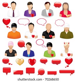 Symbole von Menschen mit Gestaltungselementen zum Thema Valentinstag, einzeln auf weißem Hintergrund, Vektorgrafik