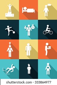 Icons with people in different situations - business, leisure, relationships.