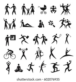 Icons people family business sport.
Set of black icons of family life, children, business, sport. Vector available.