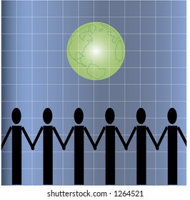 icons of people holding hands with world behind vector