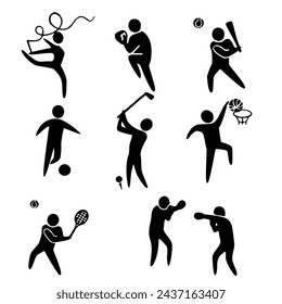 Icons of people involved in sports, Olympic events, soccer, baseball, swimming, gymnastics, boxing, jumping, basketball, golf, tennis.  Vector icons on white background EPS 10