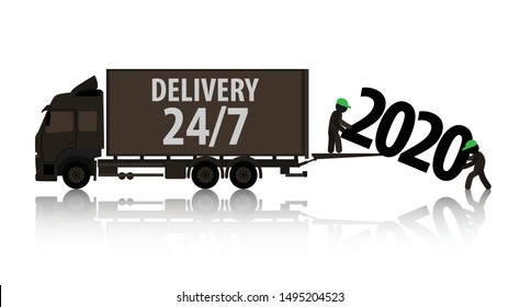 Icons of people. The movers unloaded a big heavy truck numbers 2020. Vector banner