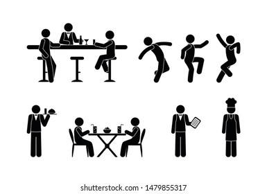 Icons of people in the restaurant, workers and customers illustration. People drink at the bar, visit a cafe, dance in a nightclub. Stick figure pictogram cook, bartender and client. The waiter serves