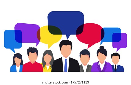 Icons of people with speech bubbles. Team, thinking, question, brainstorm concept, idea. Communication concept. People avatars communication, talking relating to feedback, reviews and discussion