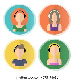 Icons of people wearing headphones, woman and man in headphones listening to music, style flat. Stock vector.