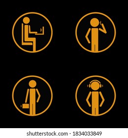 icons of people: working at the computer, talking on the phone, going to a meeting, listening to audio.