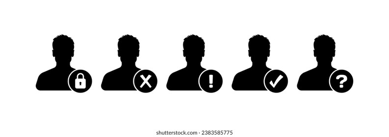 Íconos de una persona con candado, cruz, signo de exclamación, marca de verificación, signo de interrogación. Silhouette, negro, foto de burla. Iconos del vector