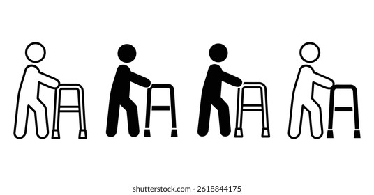 Icons of Person Using a Walker for Mobility Assistance Black and White Color Vector Design Illustration