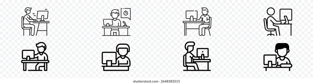 Icons of Person Working on Computer, Remote Work, Office Tasks, Online Study, remote office work, online learning, digital desk jobs, study sessions, workstation usage