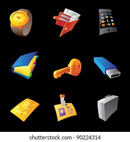 Icons for personal belongings, black background. Vector illustration.