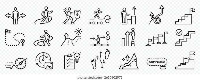  icons of personal growth, career progress, journey mapping, success tracking, icon set of walking person, upward journey, decision paths, directional signs, growth steps, career progression