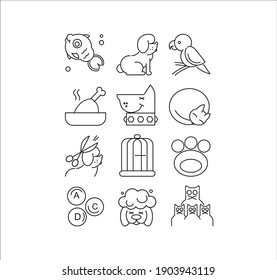 icons for pet shop Card flyer poster illustration with text for veterinary clinic, zoo, animal feed. Flat style design with cat, dog, fish, bird