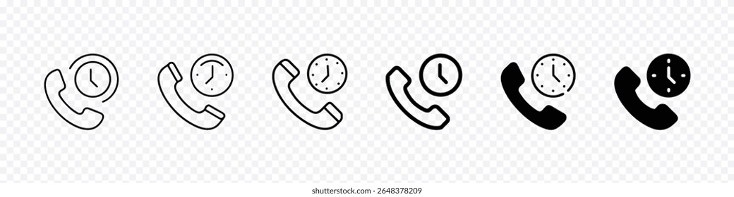 Ícones de telefone e relógio - Agendamento de chamadas, Tempo de retorno de chamada, Comunicação com tempo limitado, ícone de chamada telefônica com relógio simbolizando suporte de retorno de chamada, conversa agendada, duração limitada da chamada